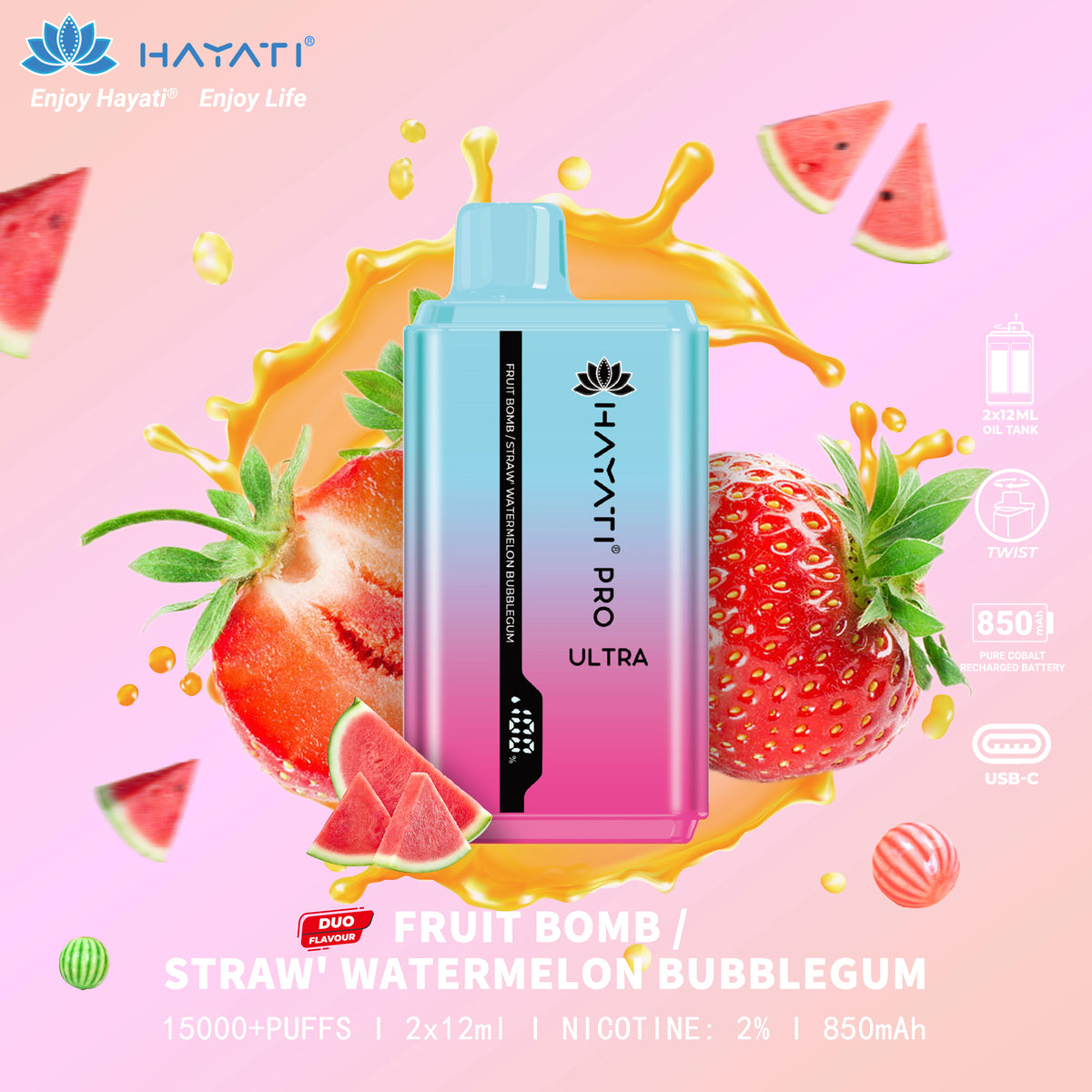 Hayati Pro Ultra Fruit Bomb | Straw' Watermelon Bubblegum